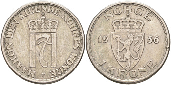 Норвегия 1 крона 1956 Хокон VII (1905-1957) KM 397 медно-никель 4398-217