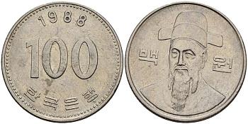 Южная Корея 100 вон 1988 Ли-Сунсин, корейский флотоводец KM 35.2 медно-никель 4511-942