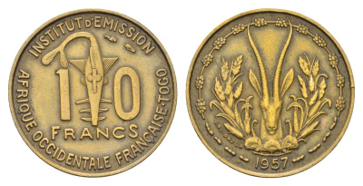 Французская Западная Африка 10 франков 1957 год-тип KM 8 медь алюминий 4671-136