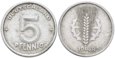 ГДР 5 пфеннигов 1948 A KM 2 алюминий 211-647