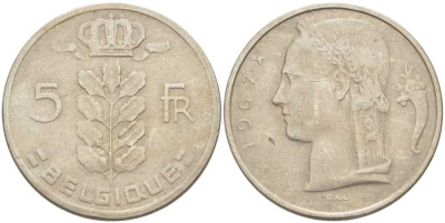 БЕЛЬГИЯ 5 ФРАНКОВ 1967 BELGIQUE, БОДУЭН I (1951-1993) KM 134.1 медно-никель 213-555