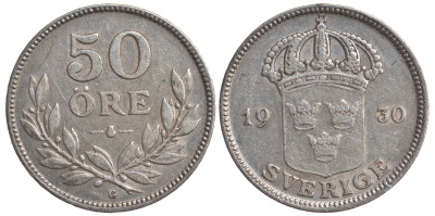 Швеция 50 эре 1930 G, Густав V (1907-1950) KM 788 серебро 4179-937