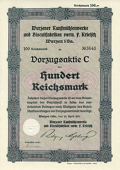 Германия 100 рейхсмарок 1931 Художественные фабрики Вюрцена и бисквитные фабрики, в частности, им. Ф. Критча, им. Вюрцена и др., фиолетовая, акция   бумага  8801-40-1