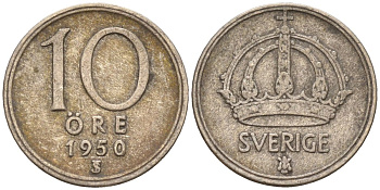 Швеция 10 эре 1950 TS, Густав V (1907-1950) KM 813 серебро 4147-858