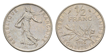 Франция 1/2 франка 1966 KM 931 никель 4174-844