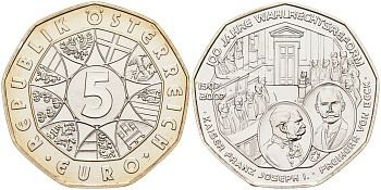 Австрия 5 евро 2007 100 лет Всеобщему избирательному праву, Франц Иосиф KM 3144 серебро UNC 01-164-43