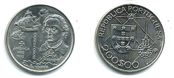 ПОРТУГАЛИЯ 200 ЭСКУДО 1992 КОЛУМБ И КОРАБЛЬ KM 660 медно-никель 56-731