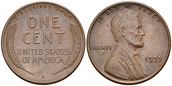 США 1 цент 1955 Линкольн KM А132 медь цинк 4115-819