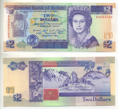 БЕЛИЗ 2 ДОЛЛАРА 1990 СЕРИЯ АА, ЕЛИЗАВЕТА II Pick 52a бумага UNC (ПРЕСС) 7457-18-1