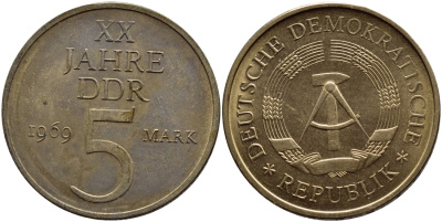 ГДР 5 марок 1969 А, 20 лет ГДР KM 22.1, J. 1524 никель бронза aUNC 59-544