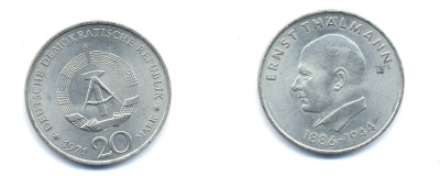 ГДР 20 марок 1971 A, 85 лет со дня рождения Эрнста Тельмана KM 34, J. 1535 медно-никель 3333-531