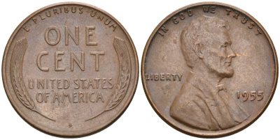 США 1 цент 1955 Линкольн KM А132 медь цинк 4115-819