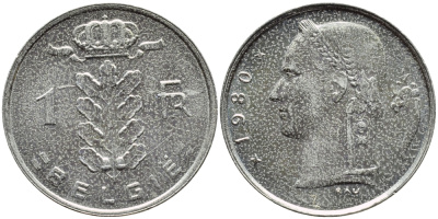 БЕЛЬГИЯ 1 ФРАНК 1980 BELGIE KM 143.1 медно-никель 3999-222
