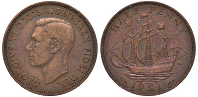 Великобритания 1/2 пенни 1951 Георг VI (1936-1952) KM 868, Spink 4118 бронза 4122-816