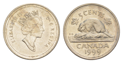 Канада 5 центов 1999 Елизавета II (1952-2022), бобр KM 182 медно-никель 4636-625