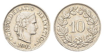 Швейцария 10 раппенов 1945 B KM 27 медно-никель 4708-159
