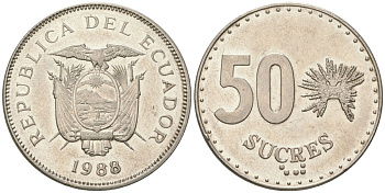 Эквадор 50 сукре 1988 KM 93 сталь плакированная никелем 4511-1021