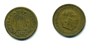 ИСПАНИЯ 1 ПЕСЕТА 1953 (54) ГОД ФРАНЦИСКО ФРАНКО KM 775 алюминиевая бронза 54-315