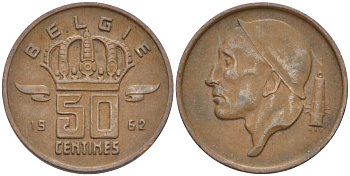 БЕЛЬГИЯ 50 САНТИМОВ 1962 BELGIE KM 149.1 бронза 4396-249