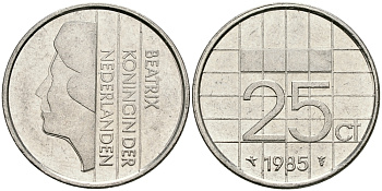 НИДЕРЛАНДЫ 25 ЦЕНТОВ 1985 БЕАТРИКС KM 204 никель 96-312