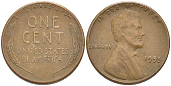 США 1 ЦЕНТ 1955 ЛИНКОЛЬН KM А132 медь цинк 218-642