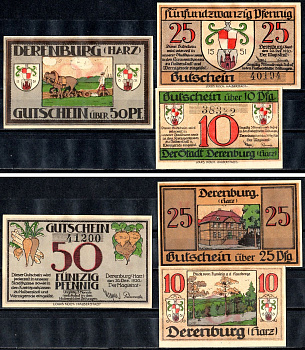 Деренбург (Пруссия, Саксония) полный набор из 3 нотгельдов (10, 25 и 50 пфеннигов) 1921 Mehl Grabowski 263.1 бумага 7555-53-4-1