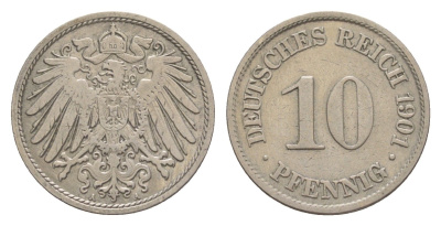 Германия 10 пфеннигов 1901 A, Вильгельм II (1888-1918) KM 12, J. 13 медно-никель 4640-249