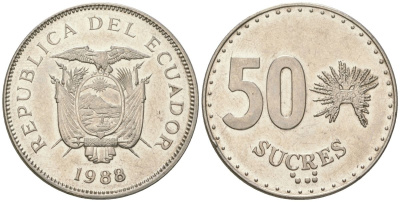 Эквадор 50 сукре 1988 KM 93 сталь плакированная никелем 4511-1021