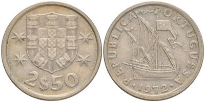 ПОРТУГАЛИЯ 2,5 ЭСКУДО 1972 ПАРУСНИК KM 590 медно-никель 75-1557