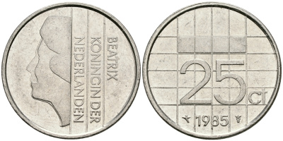 НИДЕРЛАНДЫ 25 ЦЕНТОВ 1985 БЕАТРИКС KM 204 никель 96-312