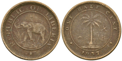 Либерия 1/2 цента 1937 KM 10 латунь 4174-421