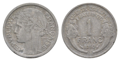 Франция 1 франк 1950 KM 885a.1, Le Franc 221 алюминий 4631-527