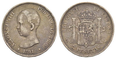 Испания 5 песет 1891 PG-M, Альфонсо XIII (1886-1931) KM 689 серебро 413-322