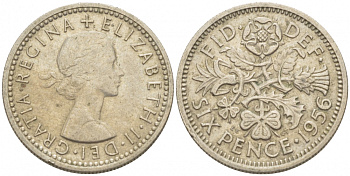 Великобритания 6 пенсов 1956 Елизавета II (1952-2022) KM 903, Spink 4149 медно-никель 214-1062