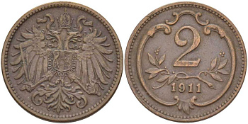 АВСТРИЯ 2 ГЕЛЛЕРА 1911 ФРАНЦ ИОСИФ (1846-1918) KM 2801 бронза 201-915
