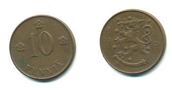 Финляндия 10 пенни 1920 республика (1918-1962) KM 24 медь 36-347
