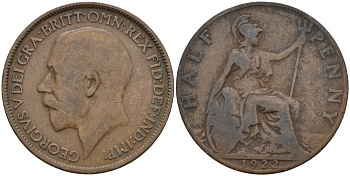 Великобритания 1/2 пенни 1922 Георг V (1910-1936) KM 809, Spink 4056 бронза 4143-712
