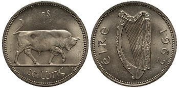 ИРЛАНДИЯ 1 ШИЛЛИНГ 1962 БЫК KM 14a медно-никель aUNC 272-321