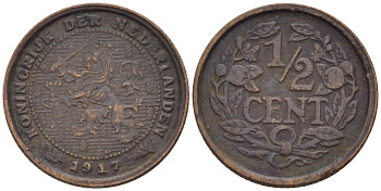 НИДЕРЛАНДЫ 1/2 ЦЕНТА 1917 ВИЛЬГЕЛЬМИНА (1890-1948) KM 138 бронза 39-217