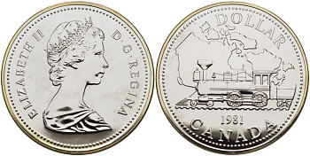 Канада 1 доллар 1981 Трансконтинентальная железная дорога, паровоз, в оригинальной коробке KM 130 серебро UNC 2-5-2-26