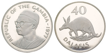 Гамбия 40 даласи 1977 Защита дикой природы - Трубкозуб KM 18 серебро PROOF 11-268-13