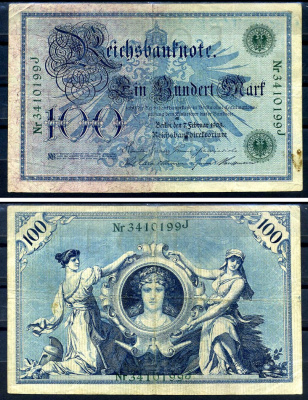 Германия 100 марок 1908 7 февраля 1908, выпуск конец 1916 - ноябрь 1918, зеленая печать Pick 34 бумага 8619-29-2-1