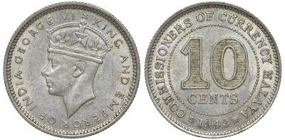 Британская Малайя 10 центов 1943 Георг VI (1937-1952) KM 4a серебро 53-247