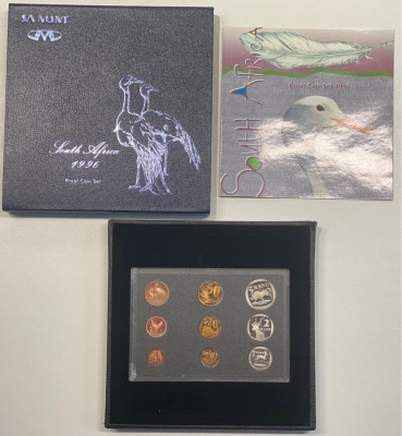 ЮАР государственный набор из 9 монет 1996 1, 2, 5, 10, 20 и 50 центов, 1, 2 и 5 рандов, в оригинальной коробке, с сертификатом KM 158, 159, 160, 161, 162, 163, 164, 165, 166 PROOF 3-6-1-18