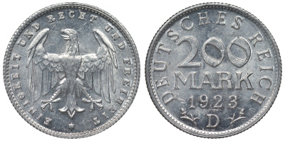 Германия 200 марок 1923 D KM 35, J. 304, Weege 22 алюминий 4121-1231
