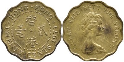 Гонконг 20 центов 1977 Елизавета II (1952-) KM 36 никель латунь 4387-313