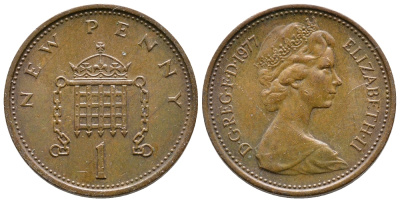 Великобритания 1 пенни 1977 Елизавета II (1952-2022) KM 915, Spink 4237 (B1) бронза 87-146