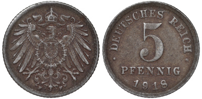 ГЕРМАНИЯ 5 ПФЕННИГОВ 1918 F KM 19, J. 297 железо 45-1154