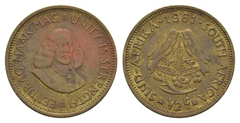 ЮАР 1/2 цента 1961 Ян ван Рибек (1619-1677), голландский исследователь, мореплаватель, основатель г. Кейптаун, две птички на ветке с ягодами KM 56 латунь 4546-622