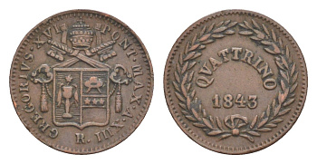 Папская область 1 кваттрино 1843 R, Григорий XVI (1831-1846) KM 1318 медь 633-221